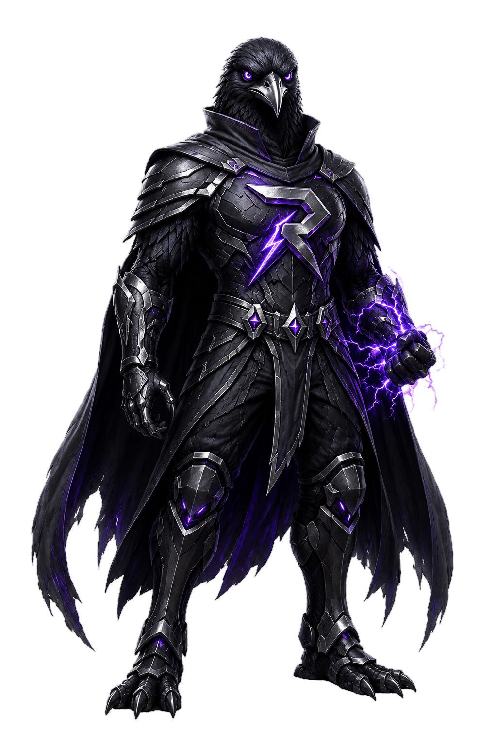 RAVOLT, the armored revolutionary raven mascot, channeling violet lightning