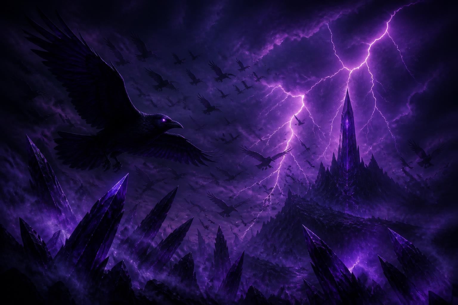 Dozens of distant raven silhouettes flying toward a violet electrical storm